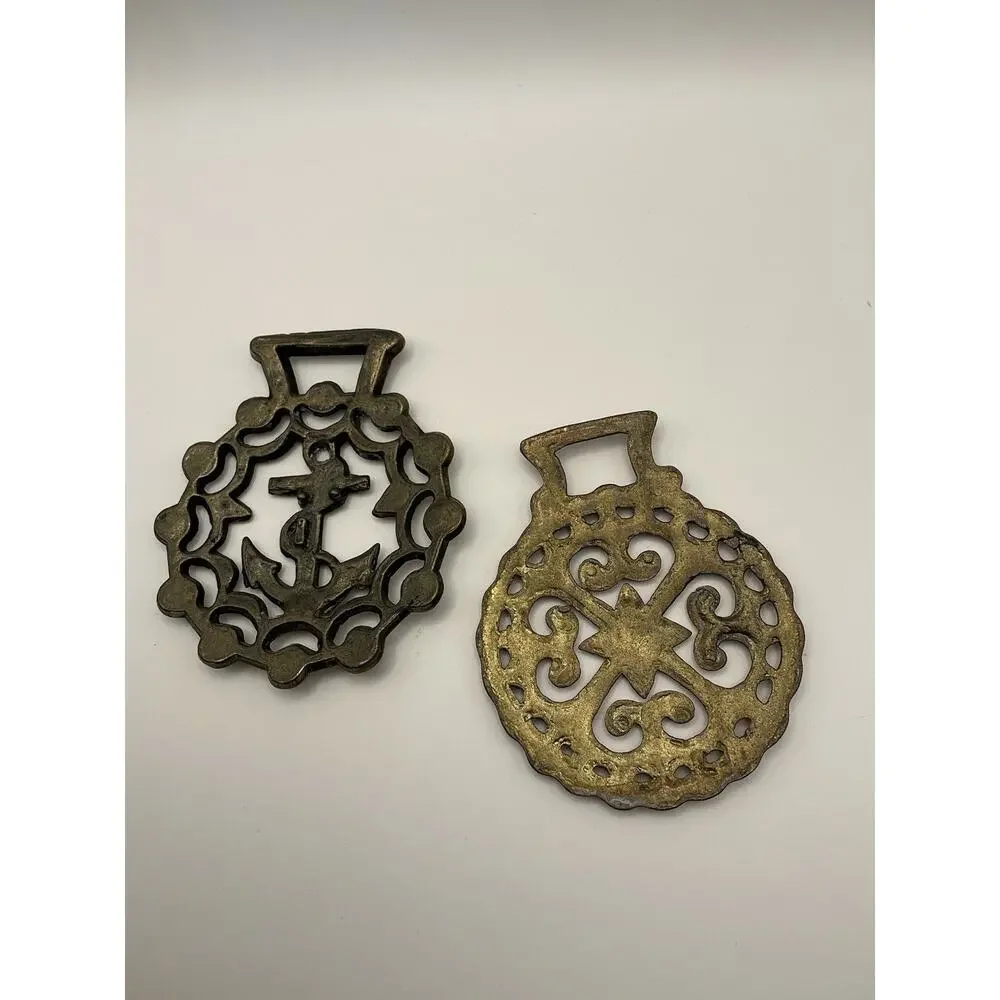 Vintage Brass Horse Brasses Pair Anchor Nautical Sun Star Harness Medallions